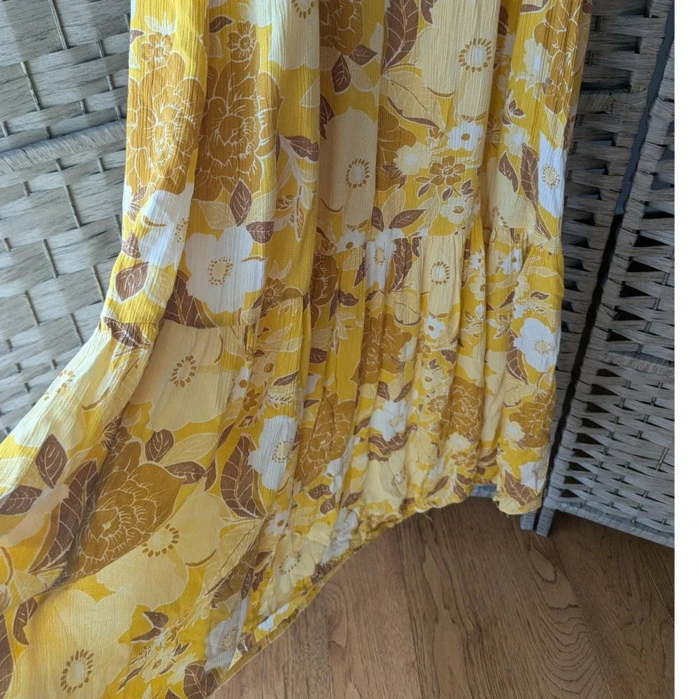 Abercrombie &‎ Fitch Yellow Floral Tie-Strap Tiered Maxi Dress Smocked Boho XS